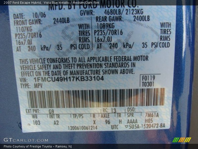 2007 Escape Hybrid Vista Blue Metallic Color Code G9