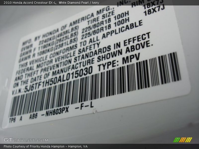 White Diamond Pearl / Ivory 2010 Honda Accord Crosstour EX-L