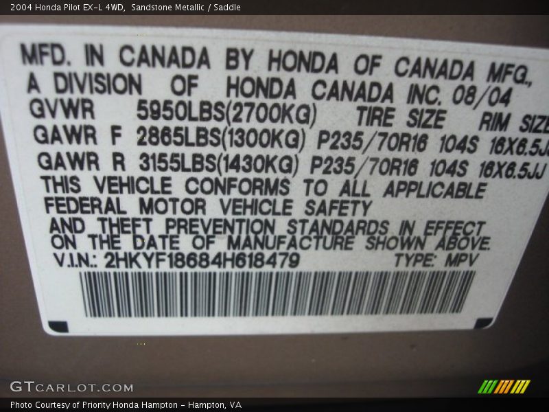 Sandstone Metallic / Saddle 2004 Honda Pilot EX-L 4WD