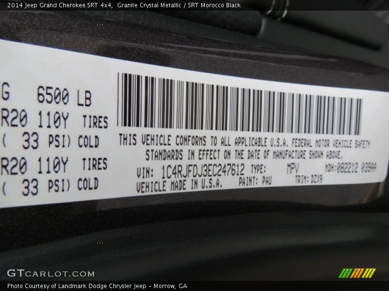 2014 Grand Cherokee SRT 4x4 Granite Crystal Metallic Color Code PAU