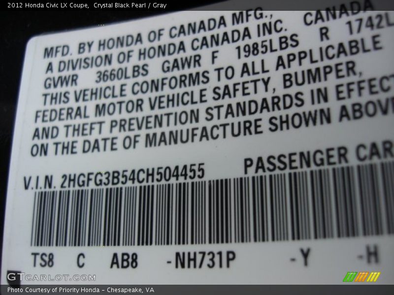 Crystal Black Pearl / Gray 2012 Honda Civic LX Coupe