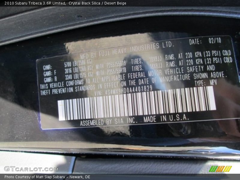 Crystal Black Silica / Desert Beige 2010 Subaru Tribeca 3.6R Limited