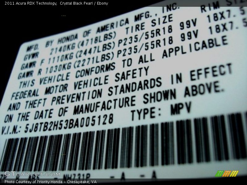 Crystal Black Pearl / Ebony 2011 Acura RDX Technology