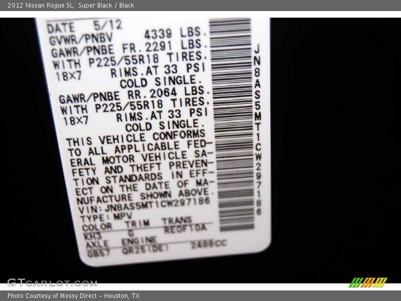 Super Black / Black 2012 Nissan Rogue SL