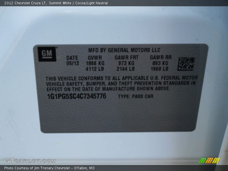 Summit White / Cocoa/Light Neutral 2012 Chevrolet Cruze LT