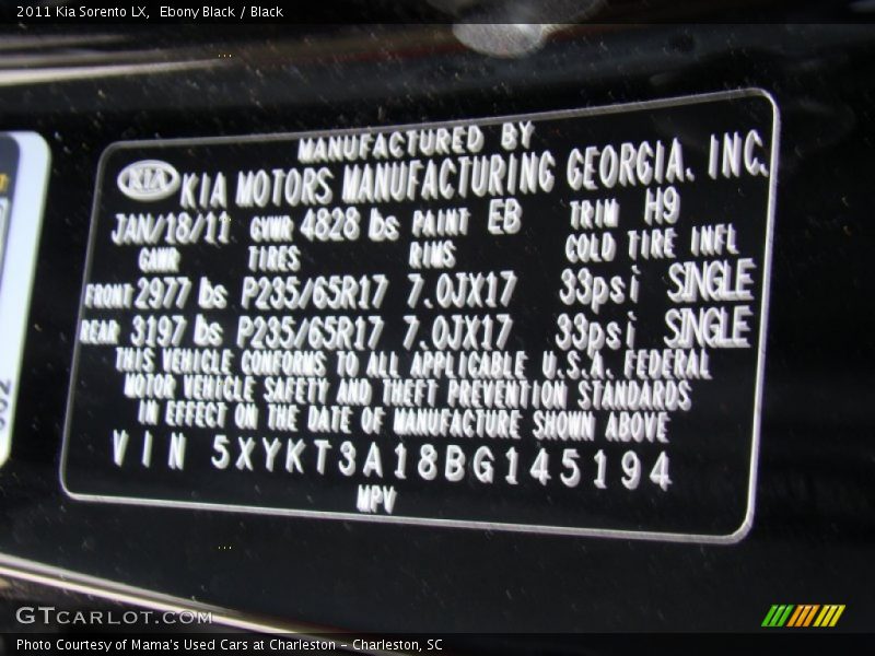Ebony Black / Black 2011 Kia Sorento LX