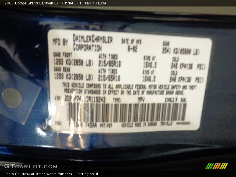 2003 Grand Caravan EX Patriot Blue Pearl Color Code PB7
