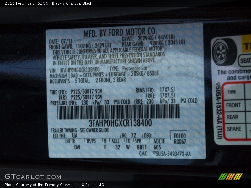 Black / Charcoal Black 2012 Ford Fusion SE V6