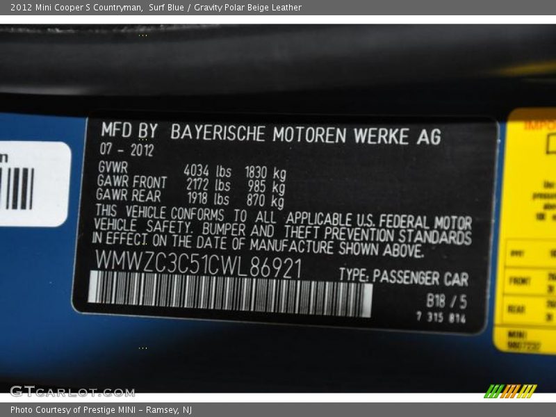 Surf Blue / Gravity Polar Beige Leather 2012 Mini Cooper S Countryman