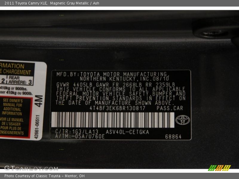 Magnetic Gray Metallic / Ash 2011 Toyota Camry XLE