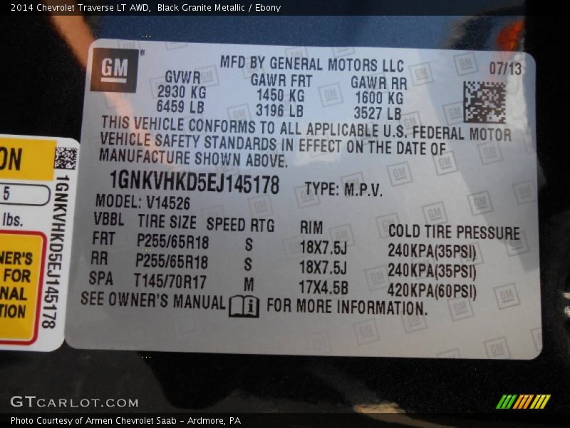 Black Granite Metallic / Ebony 2014 Chevrolet Traverse LT AWD