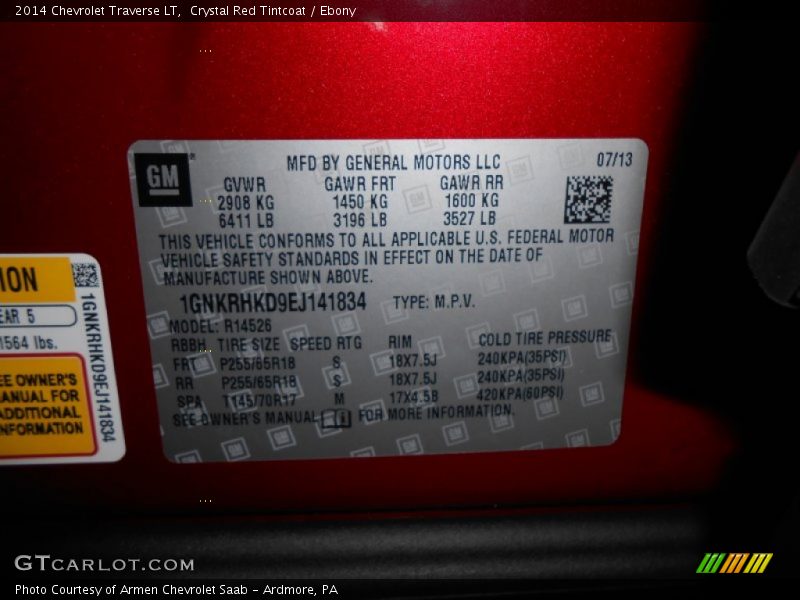 Crystal Red Tintcoat / Ebony 2014 Chevrolet Traverse LT