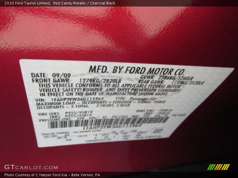 Red Candy Metallic / Charcoal Black 2010 Ford Taurus Limited