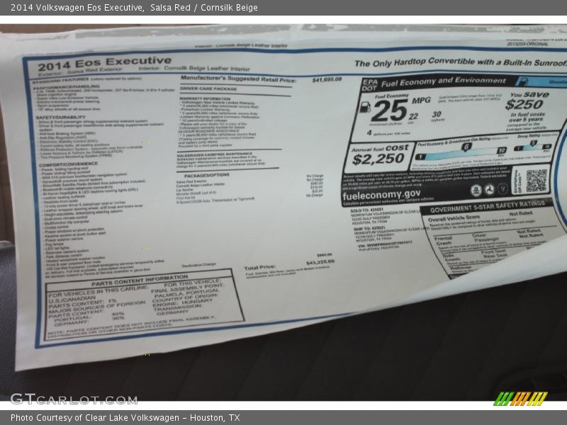 Salsa Red / Cornsilk Beige 2014 Volkswagen Eos Executive