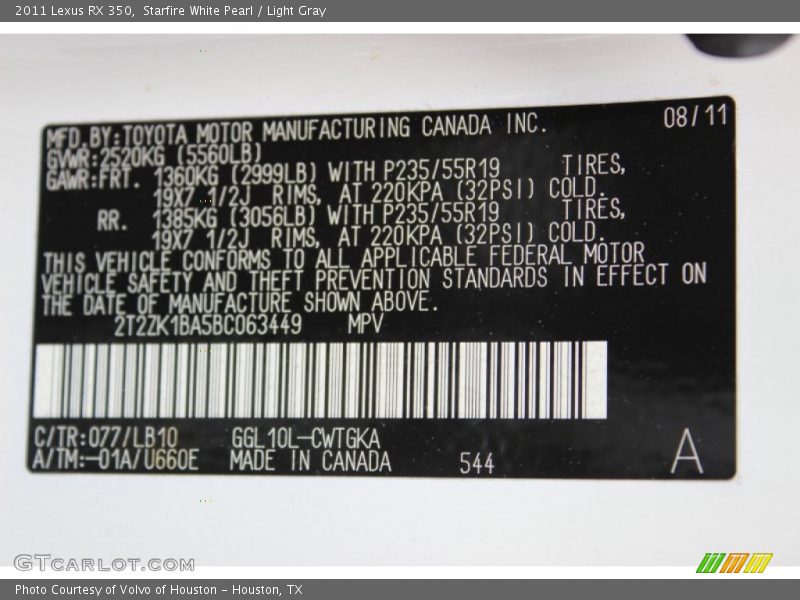 Starfire White Pearl / Light Gray 2011 Lexus RX 350