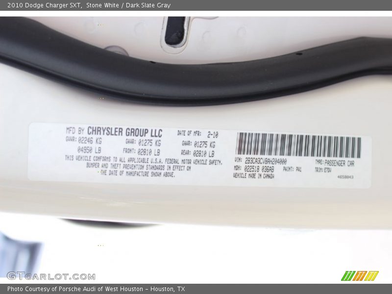 Stone White / Dark Slate Gray 2010 Dodge Charger SXT