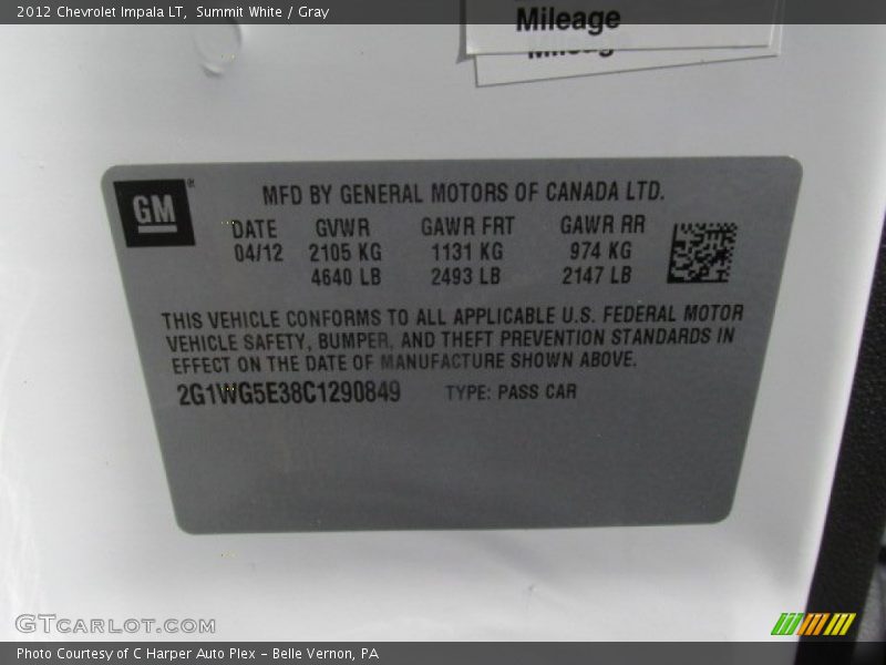 Summit White / Gray 2012 Chevrolet Impala LT