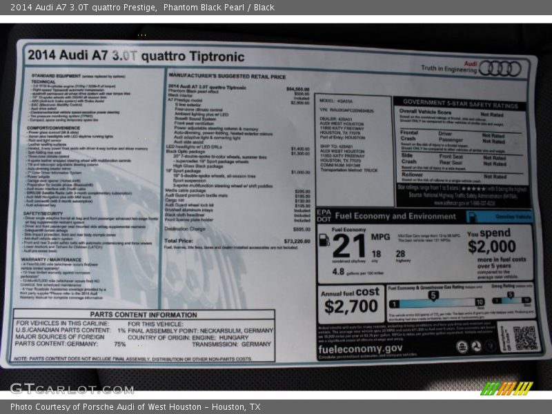  2014 A7 3.0T quattro Prestige Window Sticker