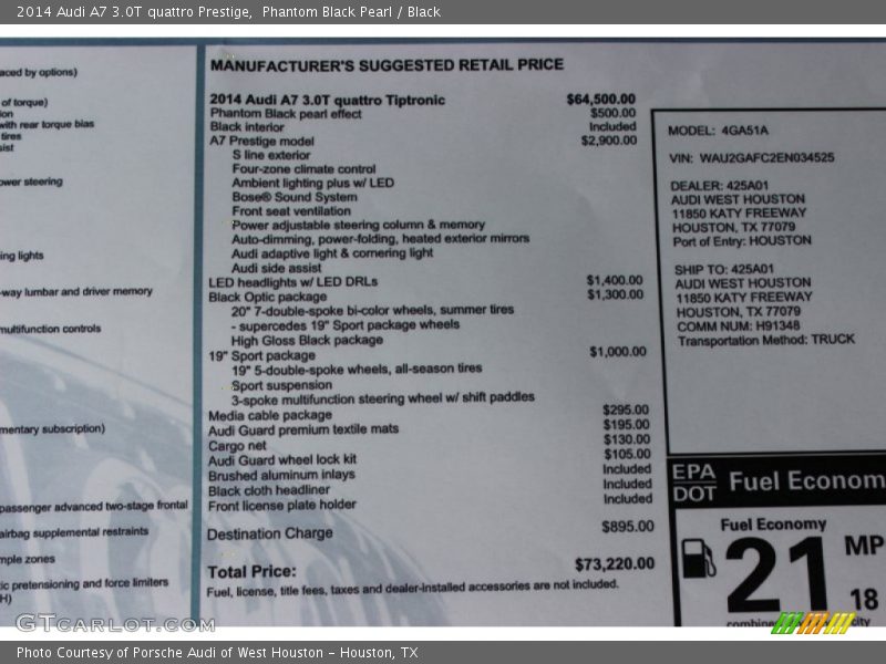  2014 A7 3.0T quattro Prestige Window Sticker