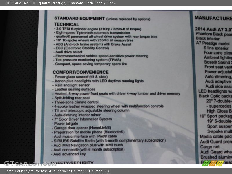  2014 A7 3.0T quattro Prestige Window Sticker