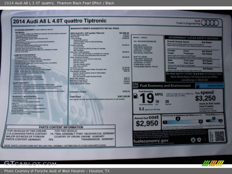  2014 A8 L 3.0T quattro Window Sticker