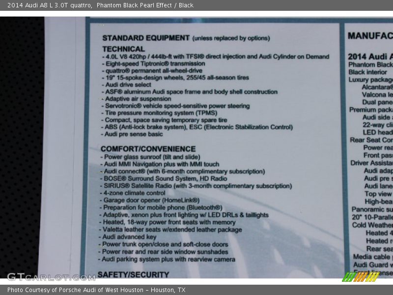  2014 A8 L 3.0T quattro Window Sticker