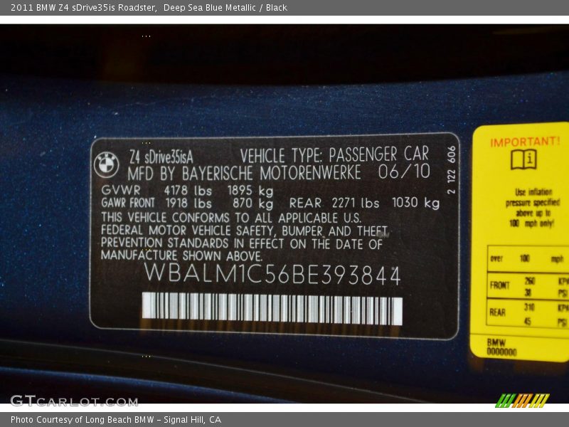 Info Tag of 2011 Z4 sDrive35is Roadster