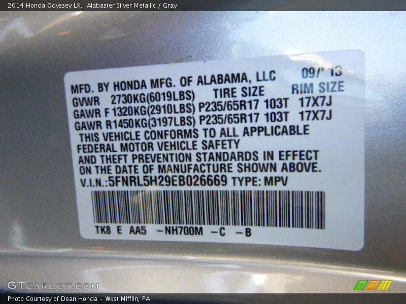 Alabaster Silver Metallic / Gray 2014 Honda Odyssey LX