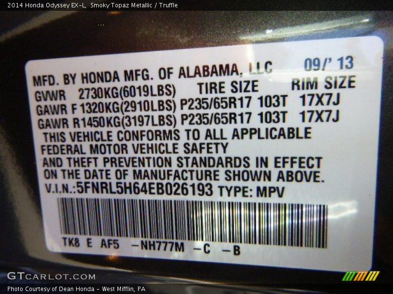 Smoky Topaz Metallic / Truffle 2014 Honda Odyssey EX-L