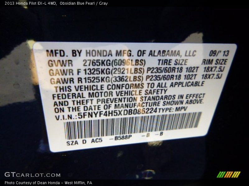 Obsidian Blue Pearl / Gray 2013 Honda Pilot EX-L 4WD