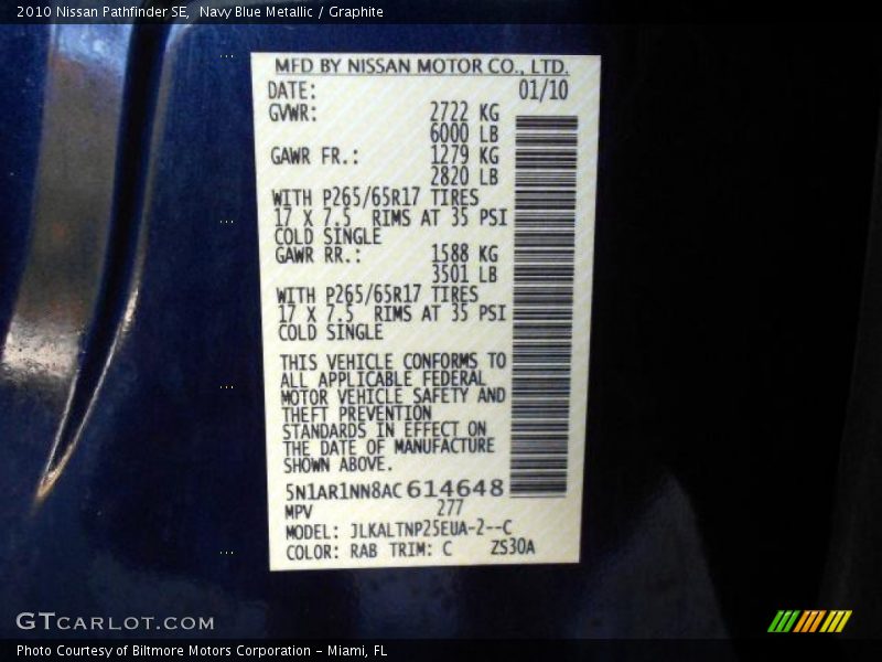 Navy Blue Metallic / Graphite 2010 Nissan Pathfinder SE