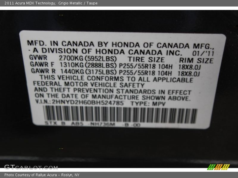 Grigio Metallic / Taupe 2011 Acura MDX Technology