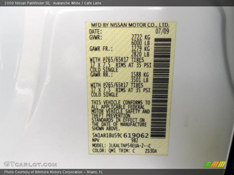 Avalanche White / Cafe Latte 2009 Nissan Pathfinder SE