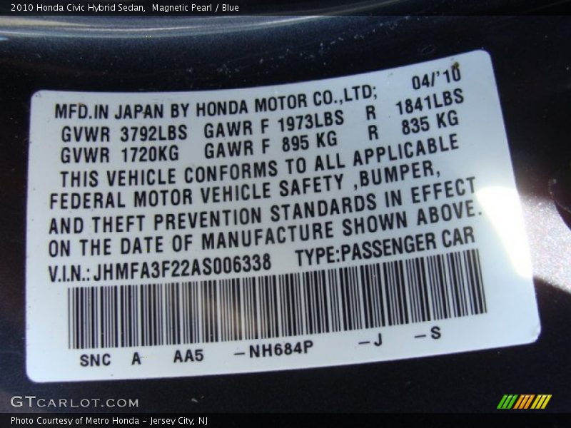 Magnetic Pearl / Blue 2010 Honda Civic Hybrid Sedan