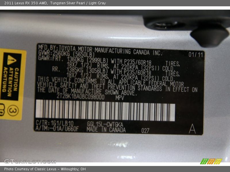 Tungsten Silver Pearl / Light Gray 2011 Lexus RX 350 AWD