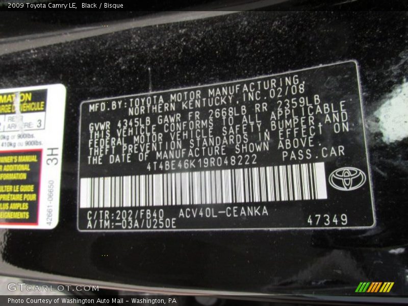 Black / Bisque 2009 Toyota Camry LE
