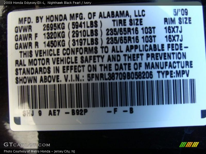 Nighthawk Black Pearl / Ivory 2009 Honda Odyssey EX-L
