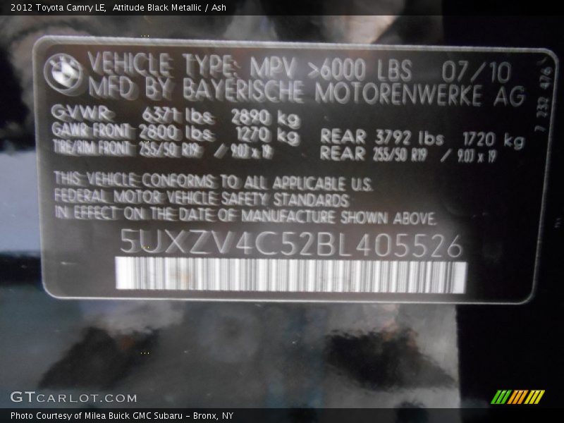 Attitude Black Metallic / Ash 2012 Toyota Camry LE