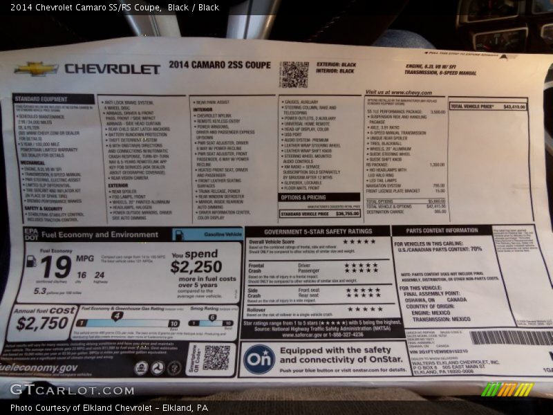  2014 Camaro SS/RS Coupe Window Sticker