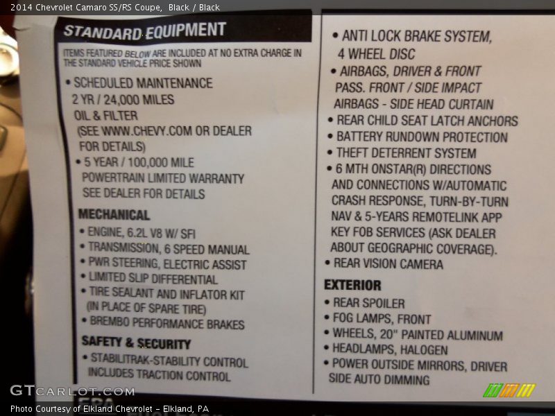  2014 Camaro SS/RS Coupe Window Sticker