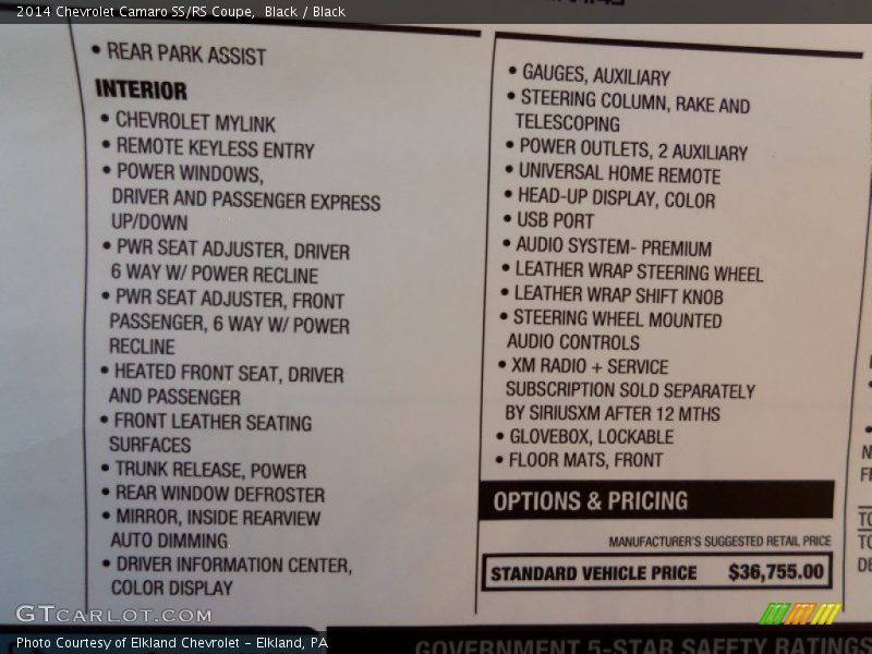  2014 Camaro SS/RS Coupe Window Sticker