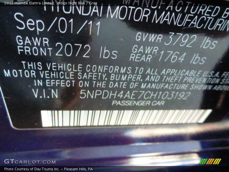 Indigo Night Blue / Gray 2012 Hyundai Elantra Limited