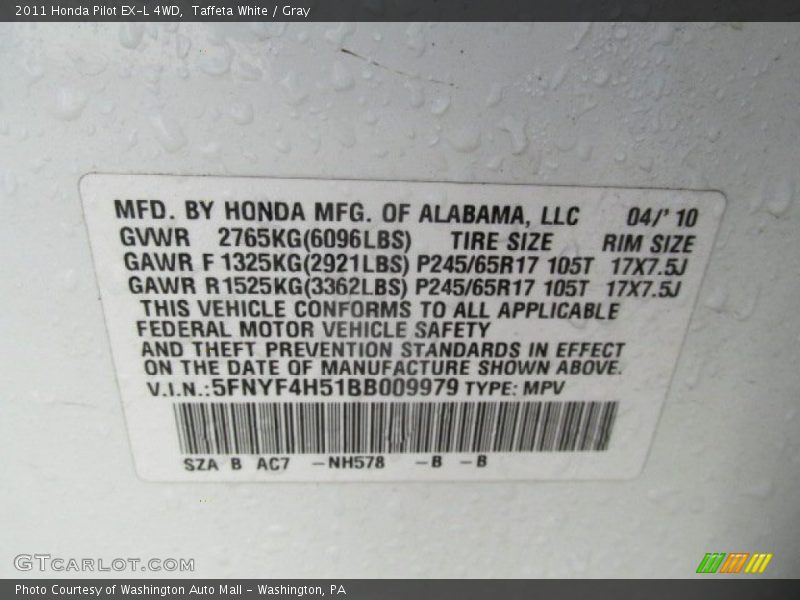 Taffeta White / Gray 2011 Honda Pilot EX-L 4WD