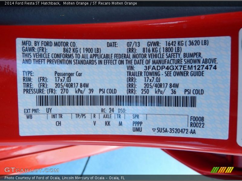 2014 Fiesta ST Hatchback Molten Orange Color Code UY