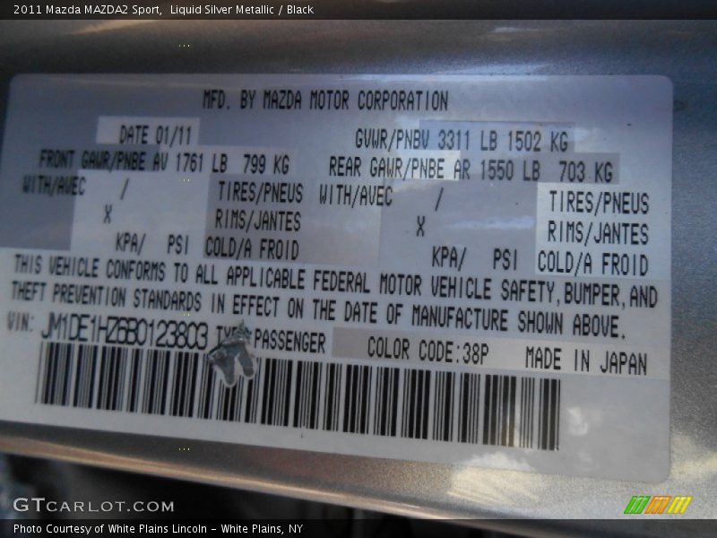 2011 MAZDA2 Sport Liquid Silver Metallic Color Code 38P