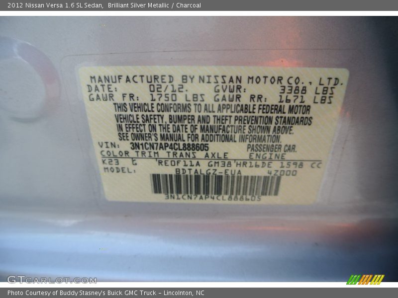 Brilliant Silver Metallic / Charcoal 2012 Nissan Versa 1.6 SL Sedan