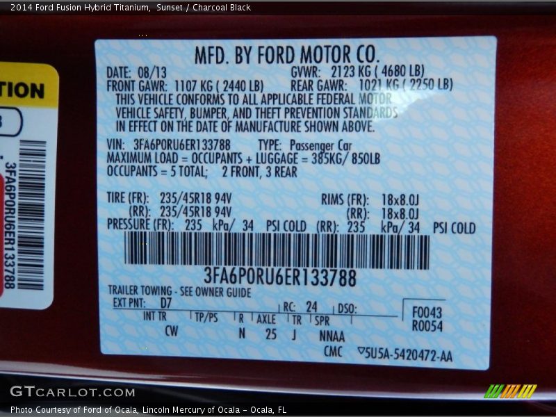 2014 Fusion Hybrid Titanium Sunset Color Code D7