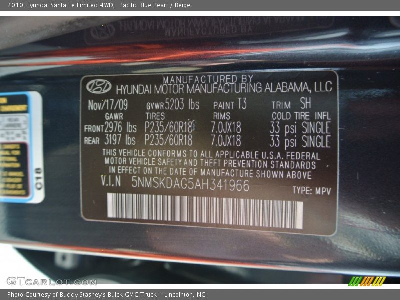 Pacific Blue Pearl / Beige 2010 Hyundai Santa Fe Limited 4WD
