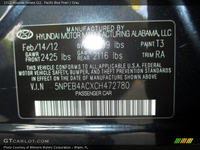 Pacific Blue Pearl / Gray 2012 Hyundai Sonata GLS
