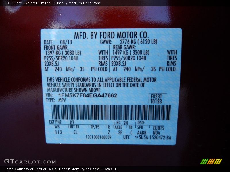 2014 Explorer Limited Sunset Color Code D7